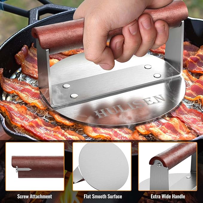 HULISEN Burger Smasher, Stainless Steel Smashed Burger Press, 6 Inch Hamburger Press for Griddle, Heavy-Duty Grill Press with Wood Handle, BBQ Accessories Tool, Weights 1.24 lb, Gift Wrapping | Wood Handle, 2.5 mm Thick Round Base, Thin Patties with Cr...