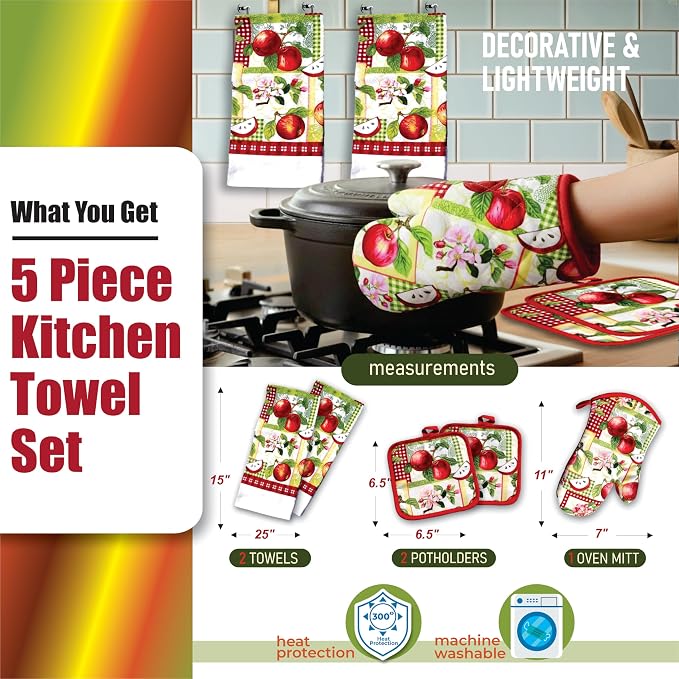 Red Apples on a Patchwork Quilt, 5 Piece Set | Kitchen Towel Set with 2 Decorative Dish Towels (25 X15), 1 Oven Mitt (11 X 7) and 2 Potholders (6.5 X 6.5)