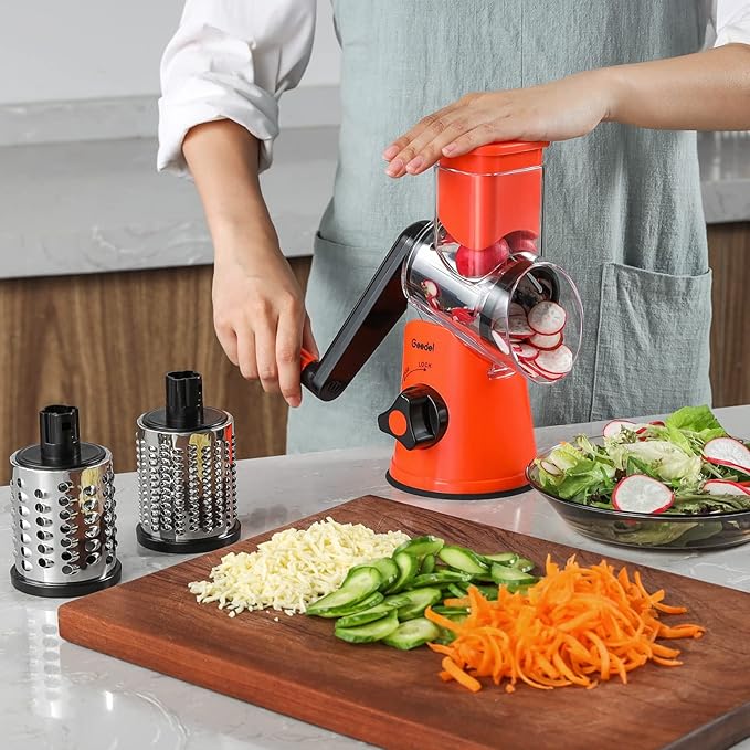 Geedel Rotary Cheese Grater, Kitchen Mandoline Vegetable Slicer with 3 Interchangeable Blades, Easy to Clean Rotary Grater Slicer for Fruit, Vegetables, Nuts | 3 Blades, 430 Stainless Steel, 12x Fast Cutting, Strong Suction Base, No BPA, Dishwasher Saf...