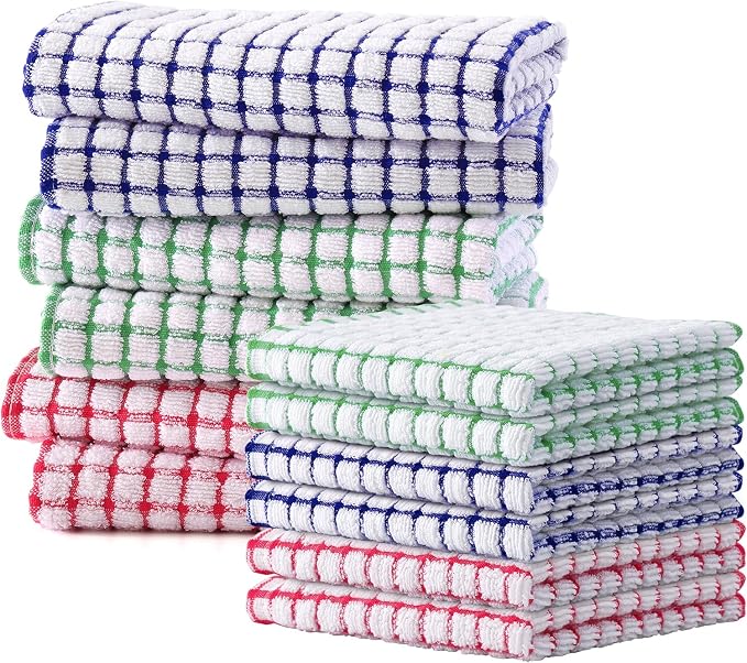 Kitinjoy Cotton 12 Pack Kitchen Towels and Dishcloths Sets, Mixed Color | 16 x 25 Inch & 12 X 12 Inch Dish Towels Bulk, Super Soft and Absorbent hand towels for kitchen Drying