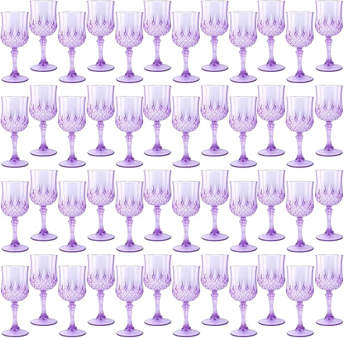 48Pack Plastic Wine Glasses, 7oz Vintage Goblets for Wedding | Unbreakable Crystal Style Reusable Stemware, Elegant Purple Drinking Glass for Party Anniversary & Holiday Celebration