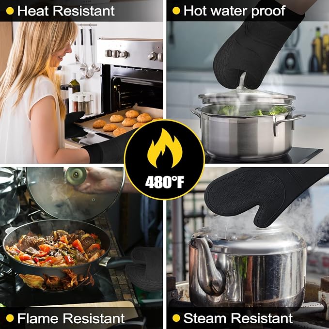 8PCS Oven Mitts and Pot Holders Sets - 480°F Heat Resistant Pot Holders and Oven Mitts, 14.5" Extra Long Silicone Oven Mitts for Cooking, Non-Slip Oven Mitt with Soft Cotton Lining, Black