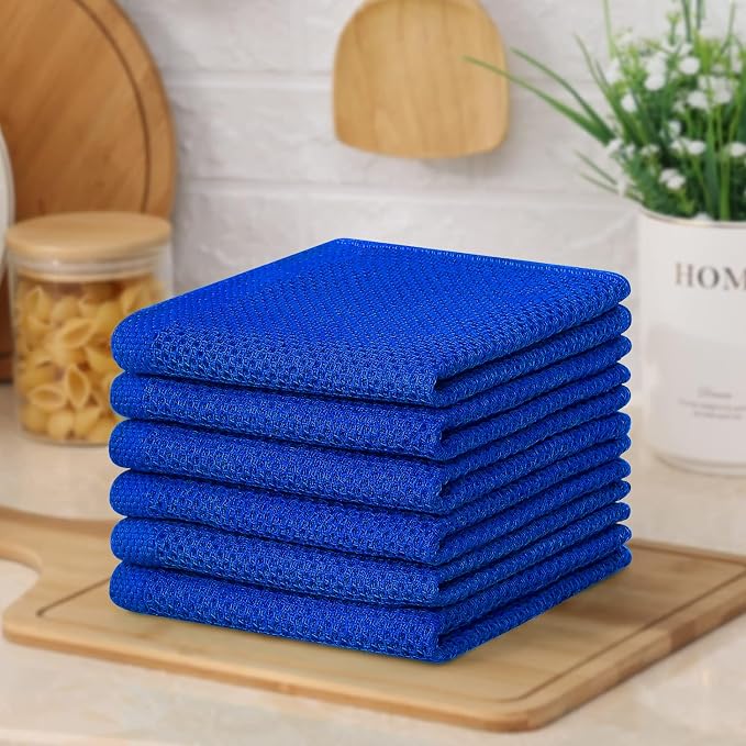 Kitinjoy 100% Cotton Waffle 6-Pack Kitchen Towels, 12" x 12", Blueberry | Ultra Absorbent, Super Soft, lightweight, Quick Drying Dish Rags for Washing Dishes
