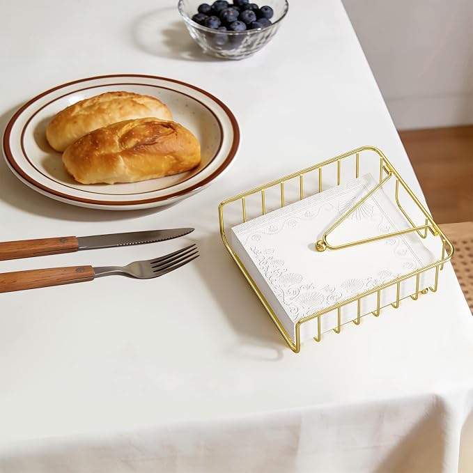 Napkin Holder for Table with Weighted Arm, Dinner Metal Flat Napkin Holders for Paper Napkins, Outdoor Napkin Dispenser Restaurant (Gold)