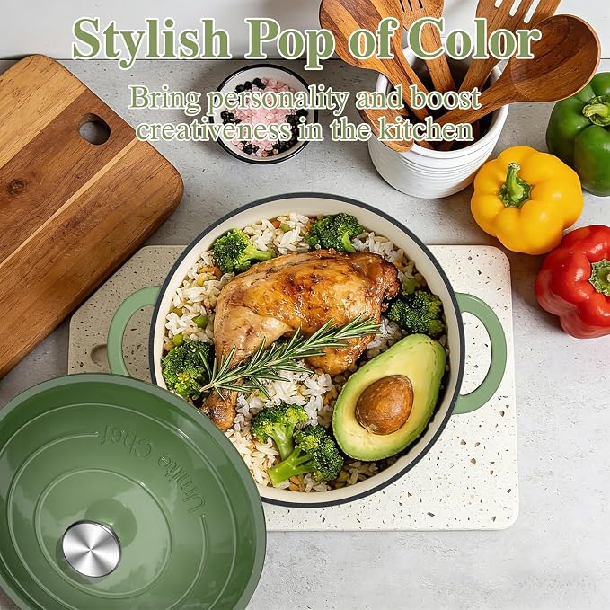 Umite Chef Enameled Cast Iron Dutch Oven-7QT Pot with Lid Cookbook & Cotton, Heavy-Duty Cookware for for Bread Baking, Braising, Stews, Marinate, Cook(Sage Green)