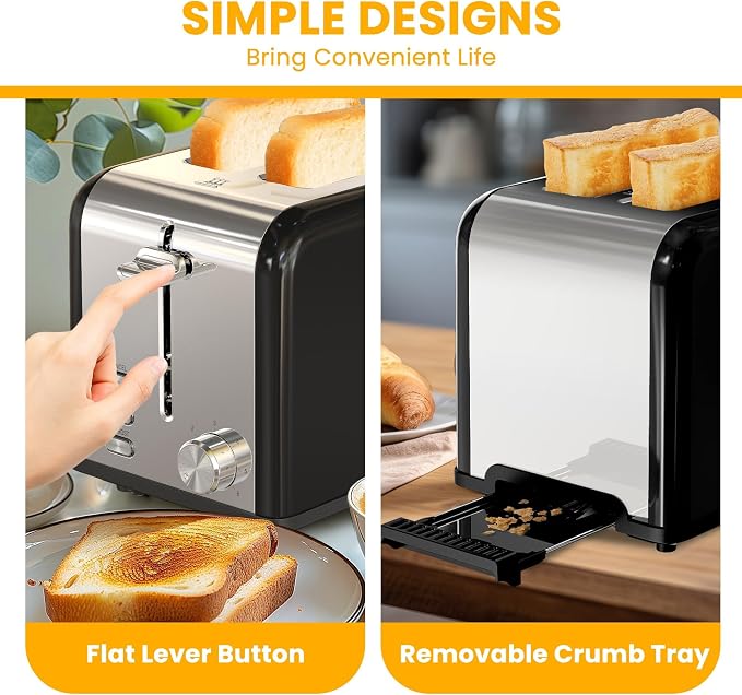 Simple Deluxe 2-Slice Toaster, Stainless Steel Toaster, 6 Browning Setting and 3 Function, Extra Wide Slot & Removable Crumb Tray, for Bread & Waffle, Black
