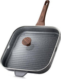 SENSARTE Nonstick Grill Pan with Lid, Grill Pan for Stove Tops, Versatile Griddle with Pour Spouts, Square Big Cooking Surface, Durable Skillet Indoor & Outdoor Grilling. PFOA Free, 12Inch