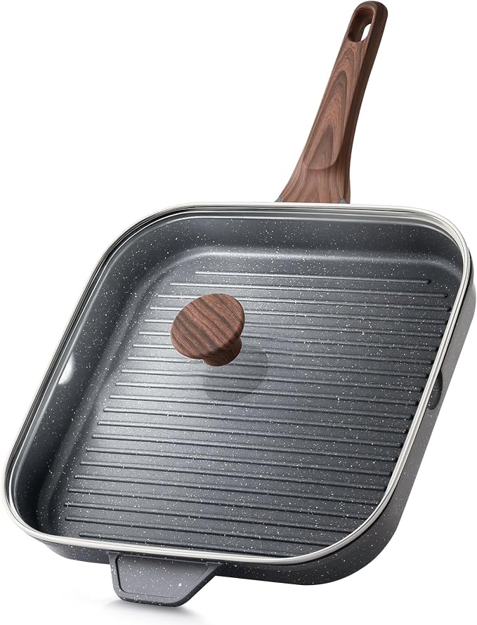 SENSARTE Nonstick Grill Pan with Lid, Grill Pan for Stove Tops, Versatile Griddle with Pour Spouts, Square Big Cooking Surface, Durable Skillet Indoor & Outdoor Grilling. PFOA Free, 12Inch