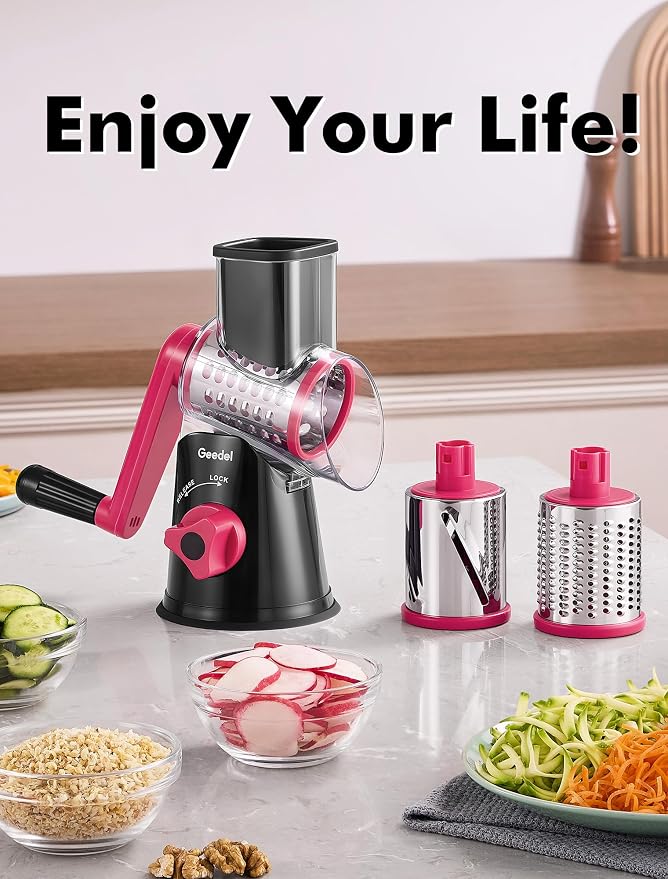Geedel Rotary Cheese Grater Hand Crank, Cheese Shredder Vegetable Slicer | 3 Blades, 430 Stainless Steel, 12x Fast Cutting, Strong Suction Base, No BPA, Dishwasher Safe, for Cheese, Veggie, Nut