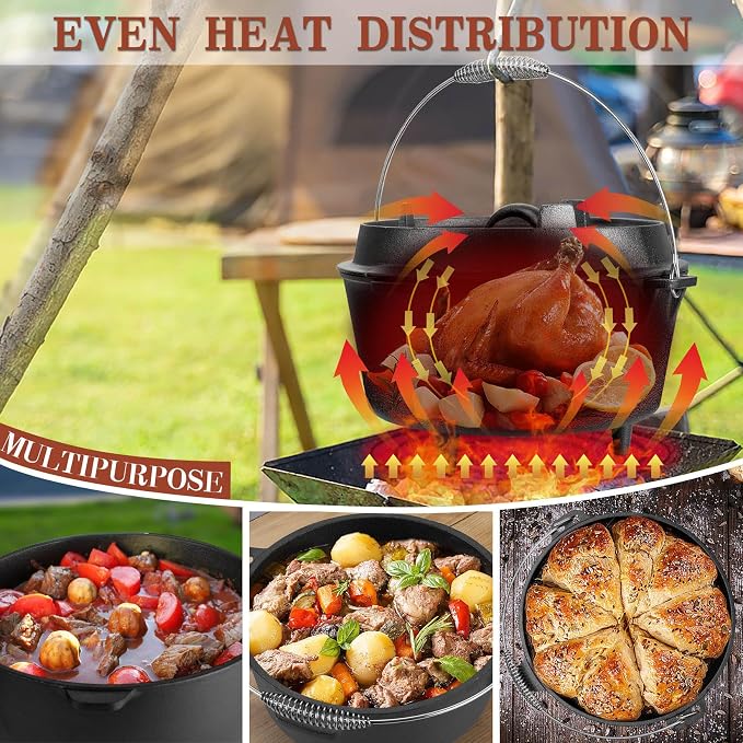 Joyfair Pre-seasoned Cast Iron Camp Dutch Oven with Accessories, 7.6QT Pot | Open Fire Camping Cookware with 2QT Skillet Lid For Outdoor Campfire Cooking - Baking Sourdough Bread, Oven Safe