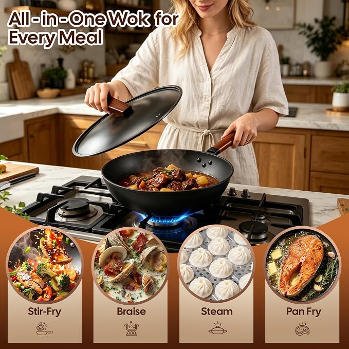 AOSION 13'' Carbon Steel Wok, 12 Piece Wok Pan & Stir-Fry Pans Set with Lid | No Chemical Coated Flat Bottom Chinese Wok Pan