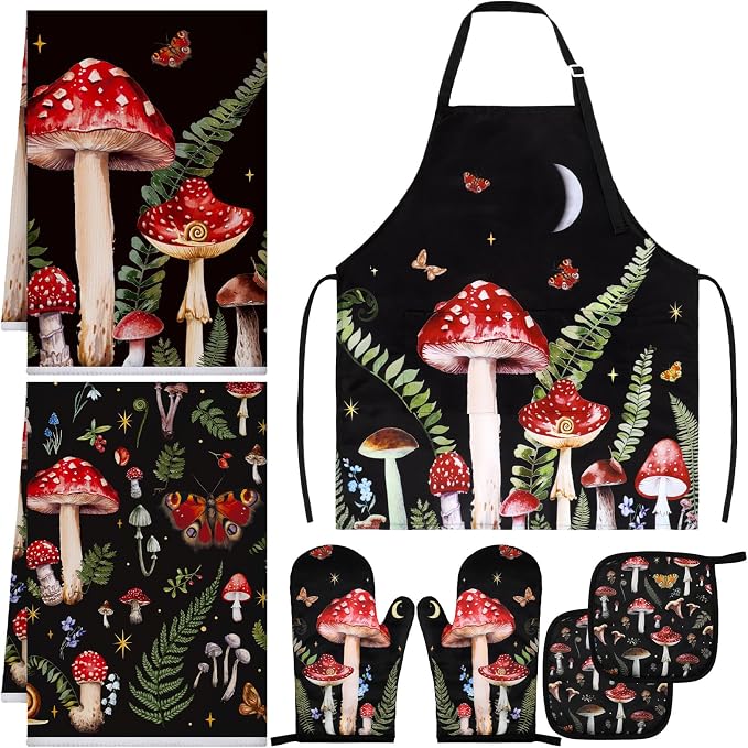7 Pcs Mushroom Kitchen Linen Set - Durable Polyester Apron, 2 Quick-dry Towels, Oven Mitt & Pot Holders, Aesthetic Cottagecore Decor, Red Mushroom Gifts for Women, Housewarming Gift