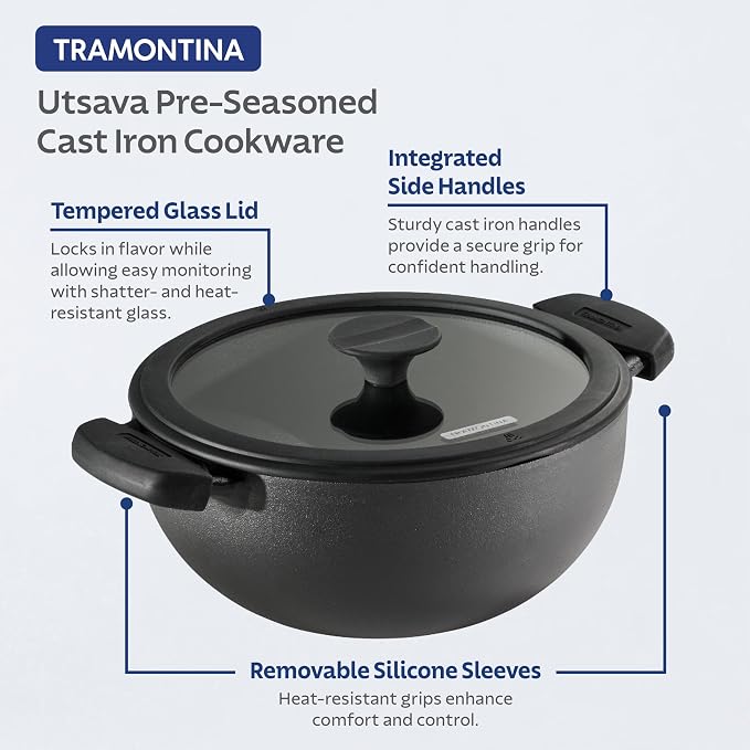 Tramontina Utsava Pre-Seasoned Cast Iron 3.9-Quart Kadai with Lid | Kadhai Pot for Indian Cooking