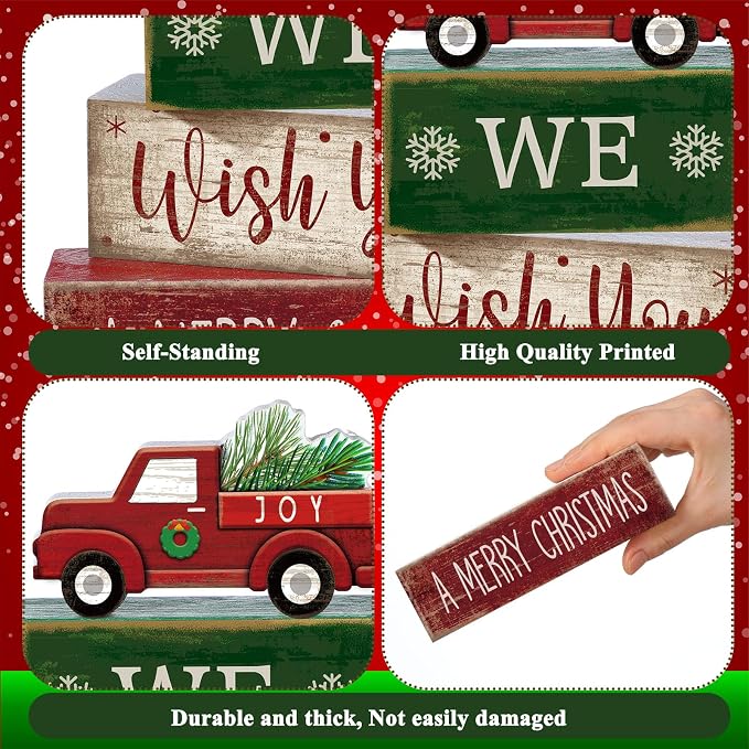 Lineshading 4 Pcs Wooden Red Truck Christmas Decor Block Signs | Farmhouse Tiered Tray Decor, Rustic Indoor Tabletop Centerpiece, Vintage Wooden Block Signs, Merry Christmas Truck Theme