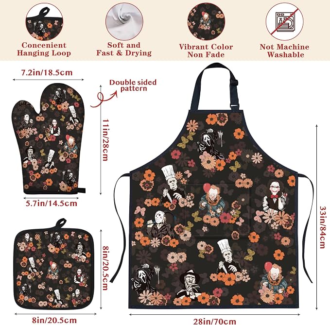 Horror Merch,9Pcs Bamboo Cooking Utensils Set,Spoons with Apron Oven Mitts Pot Holder,Halloween Horror Gifts for Men Women,Horror Decor,Horror Collectibles,Spooky Kitchen Accessories