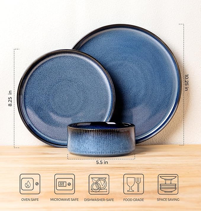 Ceramic Dinnerware Set for 4, 12-Piece Plates and Bowls Set | Lightweight Porcelain Dish Set, Scratch Resistant, Oven & Microwave & Dishwasher Safe, Starry Blue