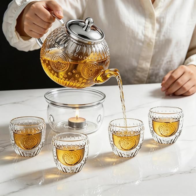 Amzcku 50OZ/1500ml Vintage Glass Teapot Set with 4 Cups, Teapot Set with Removable Infuser Stovetop Safe, Borosilicate Glass Tea Kettle for Blooming & Loose Leaf Tea