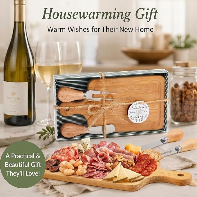 1 Set Bridal Shower Favor Prizes Charcuterie Board,Bamboo Color | Bamboo Cheese Board with Knife Fork Thank You Tag, Gift Box for Guests, Valentines Wedding Baby Shower Party Favors