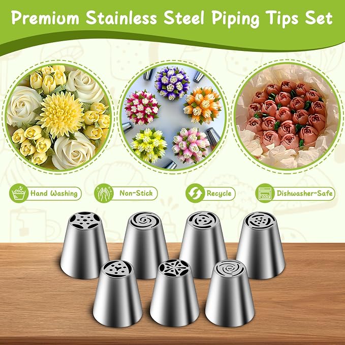 Suuker Russian Piping Tips Set, 7 Pieces | Stainless Steel, Cupcake Flower Shaped Frosting Nozzle Kit, For Pastry Cupcakes Cakes Cookies Decorating