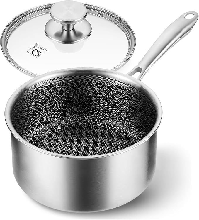 KOCH SYSTEME CS 4 Quart Saucepan With Lid, Hybrid Nonstick Stainless Steel Saucepan, Tri-Ply Stainless Steel Pot 4QT, Stainless Steel Sauce Pan with Honeycomb Interior, Large Saucepan Induction Ready