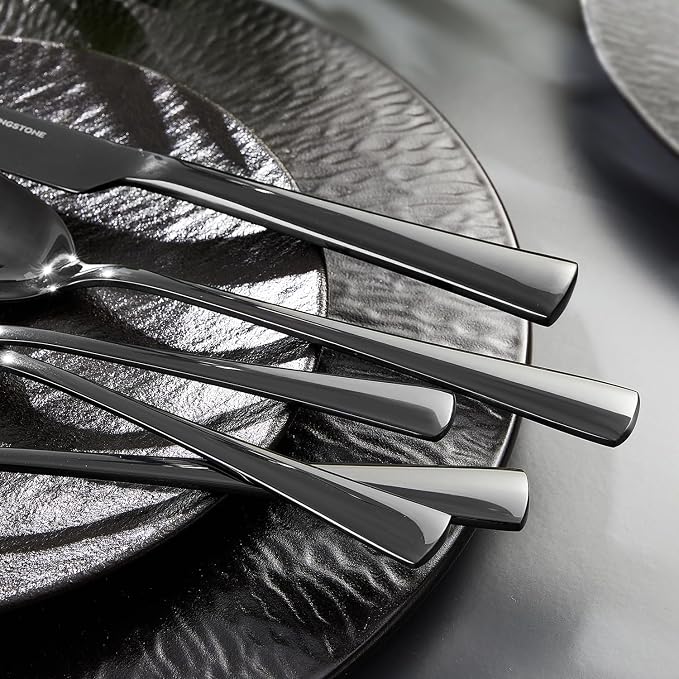18/10 Flatware set for 4, 20 Piece Black Stainless Steel Silverware Set | KINGSTONE Forged Flatware Cutlery Set, Mirror Polished Knives Fork and Spoon Utensils, Dishwaher Safe for Home Wedding Party