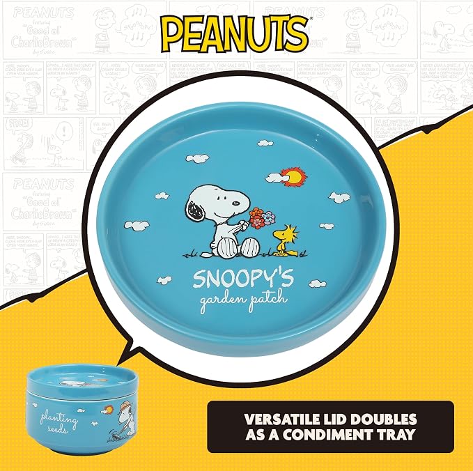 Peanuts Snoopy 6-Piece Stackable 5.5-Inch Decorated Stoneware Bowl Set With Matching Plate, Microwave & Dishwasher Safe, Collectible Kitchen Dinnerware