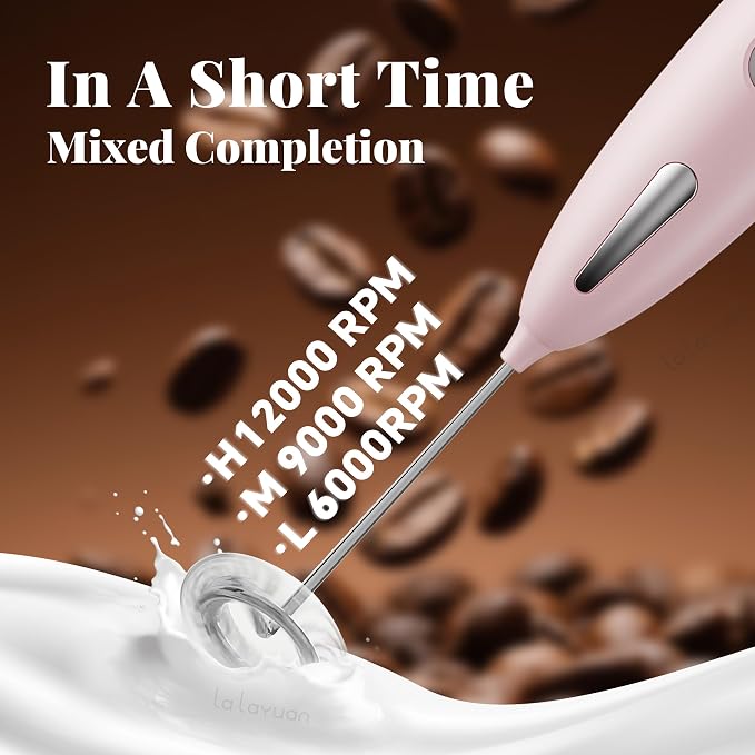Electric Milk Frother, Three speed adjustment, USB Rechargeable Cordless Hand Blender with Sticky Stand Included, 304 stainless steel Egg Beater, Mixed Drinks, Coffee Stirrers (Pink set)