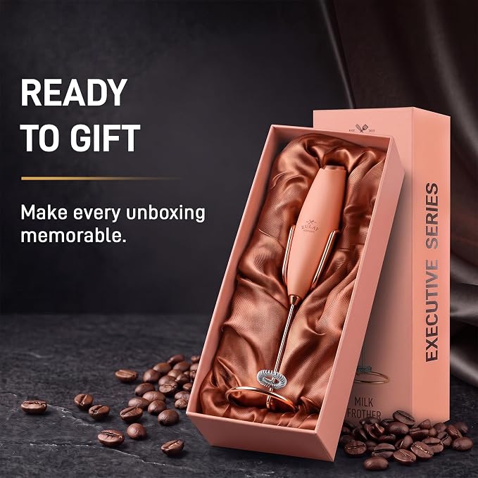 Zulay Kitchen Powerful Milk Frother Wand With Duracell Batteries - Ultra Fast Handheld Drink Mixer - Electric Whisk Foam Maker for Coffee, Lattes, Cappuccino & Matcha - Z1 Motor - Exec Peach Copper