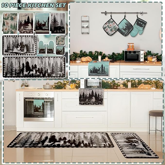 Fourluoo 10 Pcs Farmhouse Kitchen Decor Set Dish Towels Kitchen Rugs Oven Mitts and Pot Holders for Cooking Baking Grilling Women Mom Daughter Gift(Brown,Green,Forest)