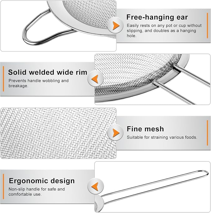 4PCS Fine Mesh Strainer Set, Premium Stainless Steel Fine Mesh Strainers, Food Fine Sieve with Non-Slip Handle, Perfect for Juice, Baking Flour, Drinks, Cocktails, Rice, Jam, Tea(2.8"/3.2"/3.9"/4.7")