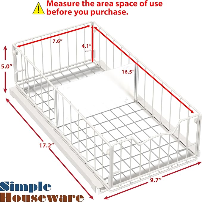 Simple Houseware Pull-Out Cabinet Sliding Basket, 17.2Dx9.7Wx5H, White | Ideal for Kitchen and Bathroom Cabinet Storage Organizer, Under Sink or Pantry Organization