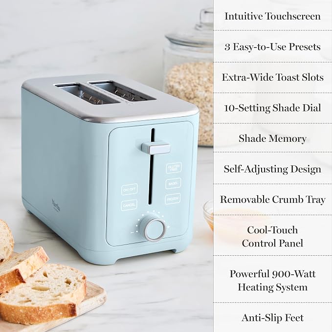 Martha Stewart 2-Slice Toaster, 3 Presets & 10 Shade Settings, Sky Blue