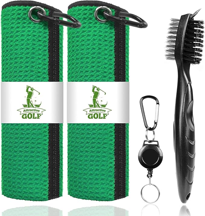 2 Pack Golf Towels with Club Brush, Microfiber Waffle Cleaning Set | Waffle pattern microfiber for strong water absorption, cleans clubs & balls, 2 towels + 1 brush, ideal for golfers