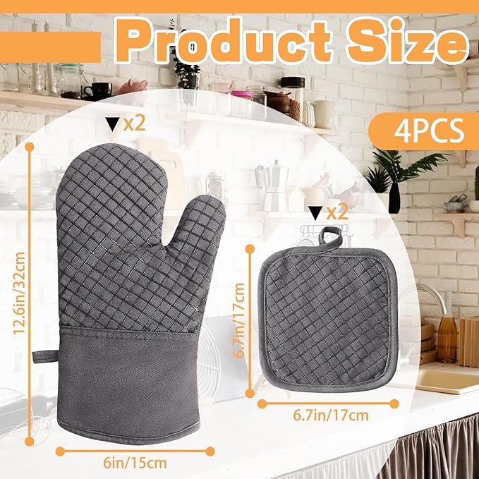 4 Pcs Oven Mitts and Pot Holders,High Heat 500°F Resistant Glove Potholder with Thick Cotton,Silicone Non-Slip Surface Long Kitchen Oven Glove for Cooking Baking Grilling(Grey)