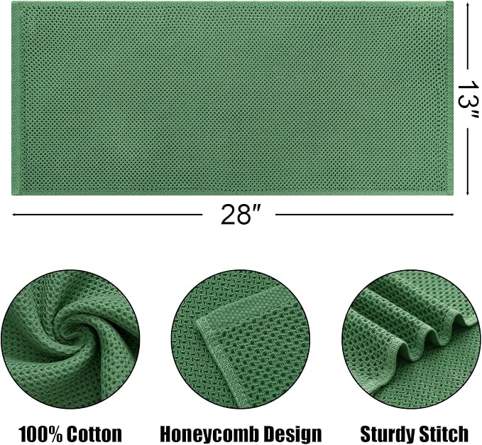 Kitinjoy 100% Cotton Waffle 4-Pack Kitchen Towels, 13" x 28", Grass Green | Super Soft, Ultra-Absorbent, Fast Drying, lightweight, Quick Drying Kitchen Hand Towels