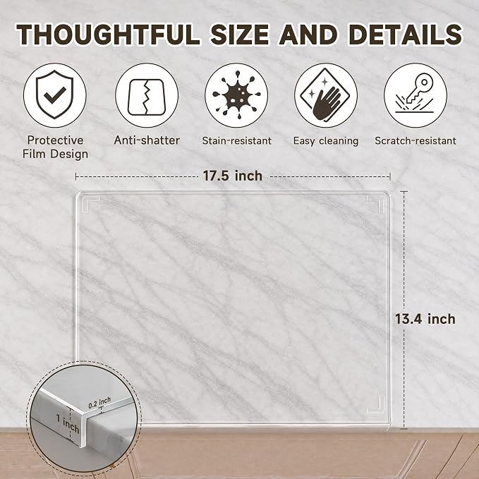 SWSKR Clear Acrylic Cutting Board with Counter Lip 17.5"x13.5" | Non-Slip Base, 60% Thicker, BPA-Free Food-Safe, Easy Clean, Protects Countertops, for Bread Meat Veggies, Kitchen Essential