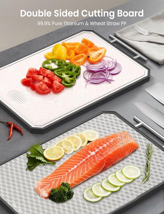 Cutting Board for Kitchen, Non Toxic Titanium Cutting Board, Double-Sided Metal Chopping Board with Juice Groove, Cutting Boards for Meat, Vegetables and Fruits, Dishwasher Safe Large 16”×11”