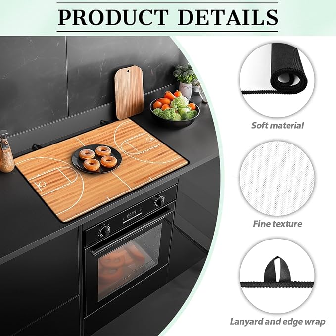 Basketball Court Stove Top Covers for Electric Stove Parquet Indoor Court Sport Glass Top Gas Stove Pad Heat Resistant Range Cooktop Mat for Kitchen 28"x20"