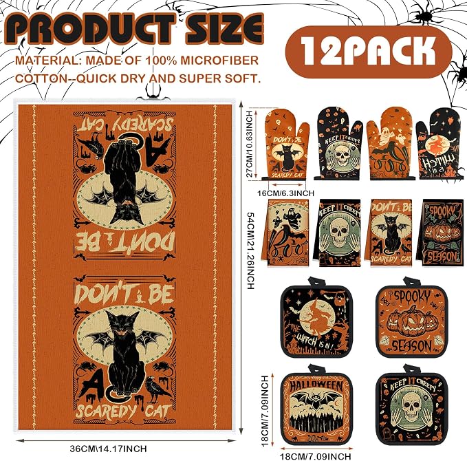 SiliFine 12 Pcs Halloween Kitchen Towels Oven Mitts Pot Holders Set | Skull Raven Owl Witchy Ghost Print, Kitchen Accessories for Cooking Baking, Gothic Home Decoration, Halloween Party Supplies