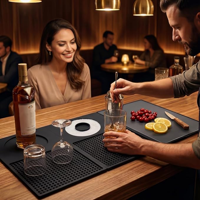 ZJWZLG 22"x12" Trifold Bar Mat with Cutting Board — 3-Zone Bartender Station, Extra Large Silicone Cocktail Mat, Folding Drink Prep Mat for Home Bar, Portable Bartending Accessories, Wipe-Clean(Black)