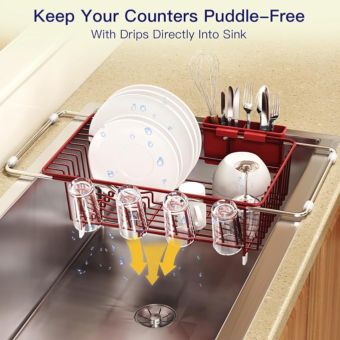 Red Dish Drying Rack Over The Sink with Utensil Holder | Expandable Stainless Steel Dish Drainer for Small Kitchen, Apartment, RV, Counter Space Saving, Perfect Fit, Rustproof