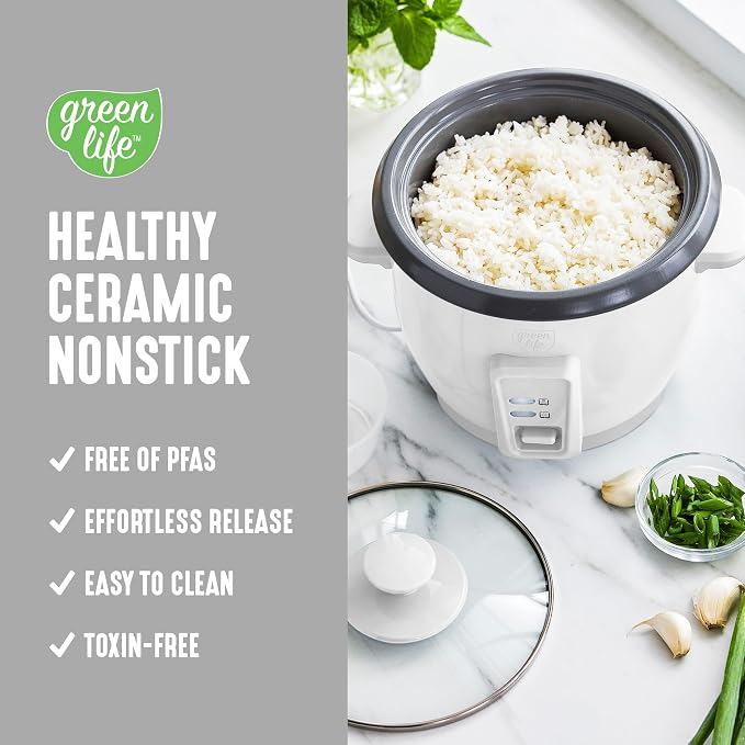 GreenLife Rice Cooker, 3-Cups Uncooked/6-Cups Cooked, White | PFAS-Free Ceramic Nonstick Removable Pot, One-Switch Design, Grains Multicooker, Keep Warm, Dishwasher Safe Parts, Easy Clean