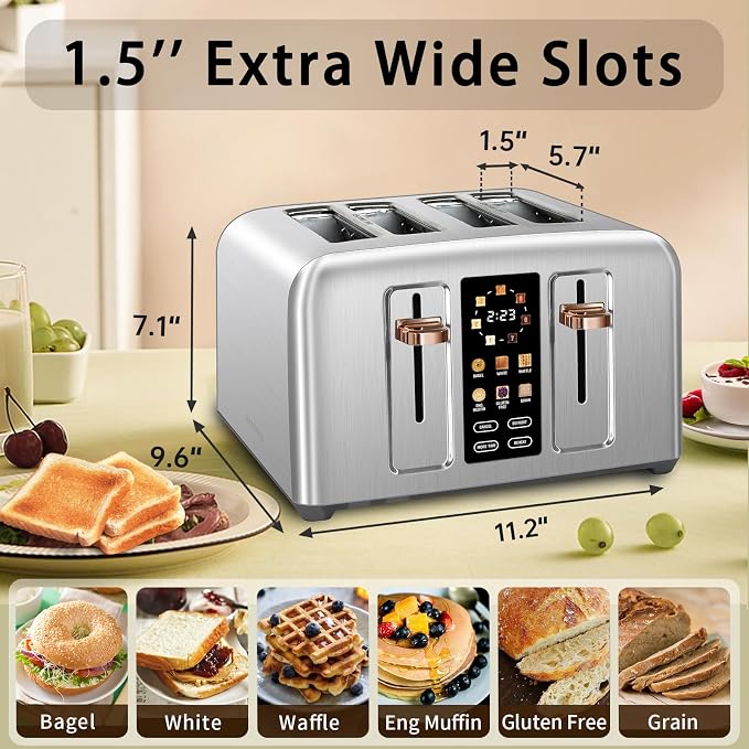 SEEDEEM 4 Slice Stainless Steel Toaster, 1.5" Wide Slots, Silver Metallic | Toaster 4 Slice, 6 Bread Type, 7 Shade Settings, 1.5'' Wide Slots, Cancel/Defrost/Reheat, Removable Crumb Tray, 1800W
