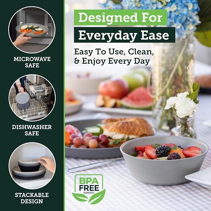 Grow Forward Premium Wheat Straw Plates and Bowls Sets - 8-Piece Wheat Straw Dinnerware Sets - Unbreakable & Reusable Microwave Safe Plastic Dinner Plates for Outdoors, RV, Camping Dishes - Moonlight