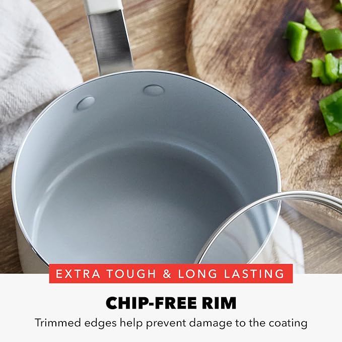 GreenPan x Bobby Flay 1.67QT Ceramic Nonstick Saucepan with Lid, Cream | PFAS-Free Diamond Ceramic Nonstick Chef Pan, Silicone Handle, Induction & All Stovetop Compatible, Dishwasher and Oven Safe