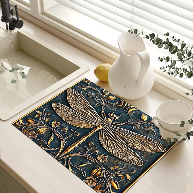 HOMETITUTE Golden Dragonfly Stove Top Cover 28x20 Diatomite Embossed Mat
