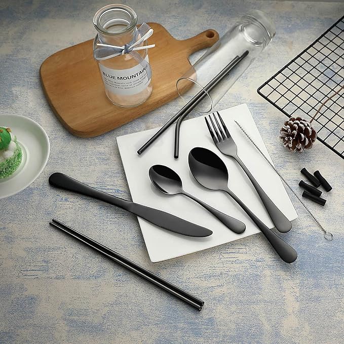 VANDBAO Portable Travel Utensils, Reusable Silverware with Case for Fixing Tableware, 9 Pieces Stainless Steel Stable Flatware Set, Camping Picnic Cutlery Set (Black Set)
