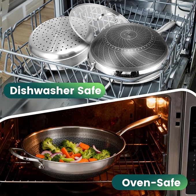 AOSION Hybrid 13 Inch Wok with Steamer, Nonstick Stainless Steel Wok | Wok Pan & Stir-Fry Pans