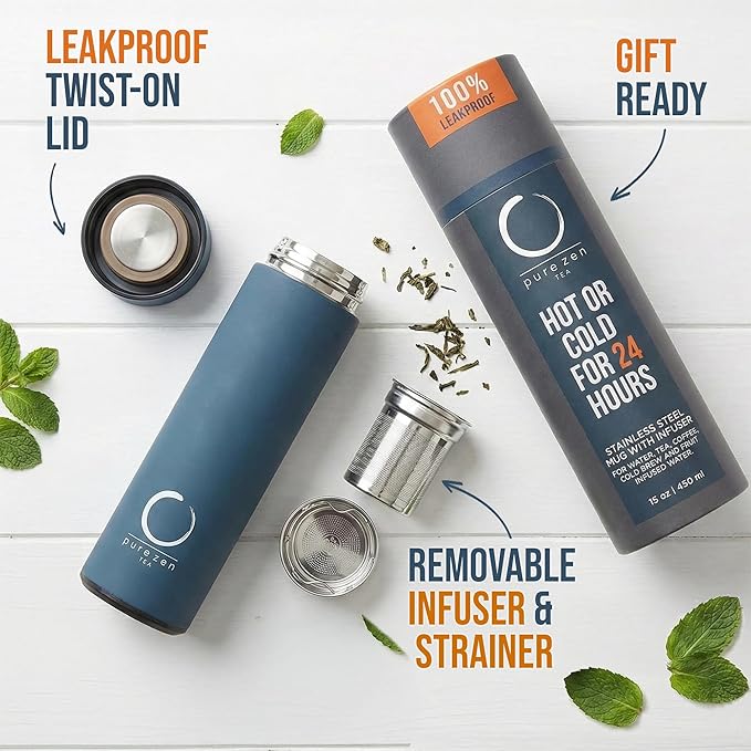 Pure Zen Tea Insulated Tea Infuser Bottle, 15 oz, Tea Thermos with Infuser | Leakproof, Hot and Cold 24 Hrs - for Tea, Coffee and Water, Stainless Steel, Tea Gift Set, Tea Tumbler with Infuser, Blue