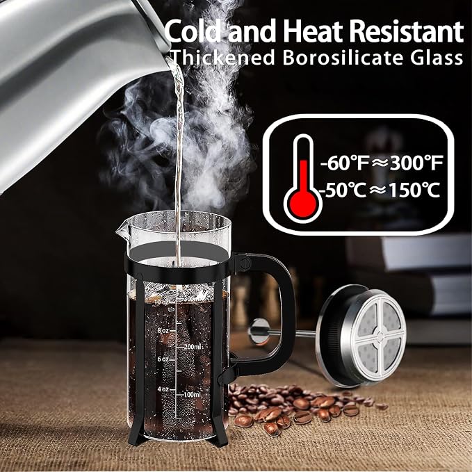 YMMIND French Press Coffee Maker 304 Stainless Steel Coffee Press,with 4 Filters System, Heat Resistant Thickness Borosilicate French Press Glass, BPA-Free Brewed Tea Pot Coffee Plunger(Copper 12oz)